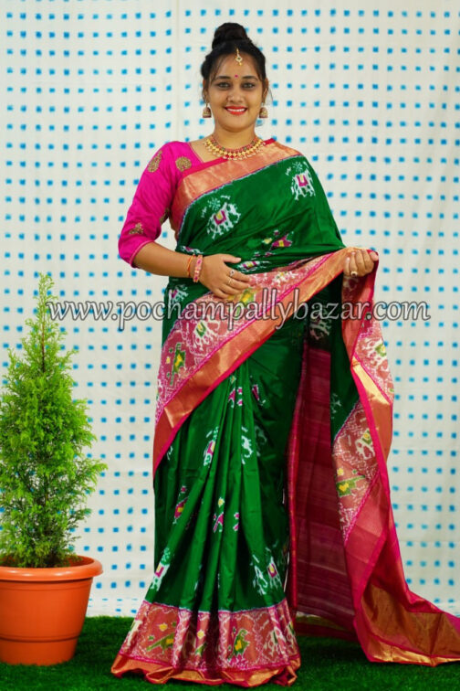 bottle green with pink border ikkat silk saree