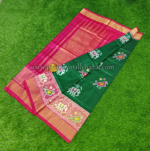 bottle green with pink border ikkat silk saree