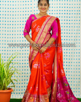 orange with pink border ikkat silk saree 006