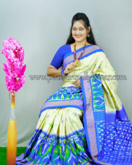 half white with blue ikkat silk saree 005