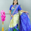 half white with blue border ikkat silk saree