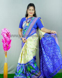 half white with blue ikkat silk saree 005