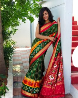 BOTTLE GREEN WITH RED IKKAT SILK SAREE 001