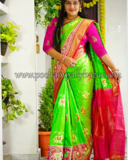 parrot green with pink ikkat silk saree 003