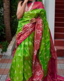 parrot green with pink ikkat silk saree 009