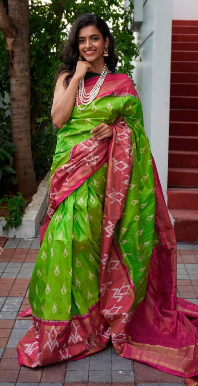 Soft Designer Semi Katan Silk Saree in Leaf Green and Dark Pink – Bengal  Looms India