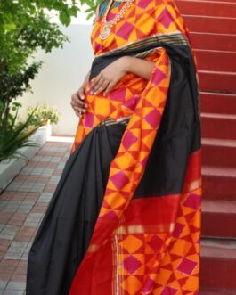 black with red ikkat silk saree 010