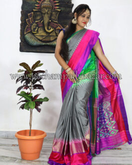 Gray With Pink Border Ikkat Silk Saree  018