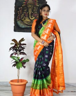 NAVY BLUE WITH ORANGE IKKAT SILK (PATTU) SAREE 015