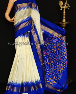 Half White With Blue Ikkat silk Saree 016