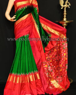 Green With Pink Border Ikkat Silk Saree  017