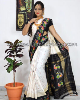 Half White With Black Ikkat Silk (Pattu) Saree 037