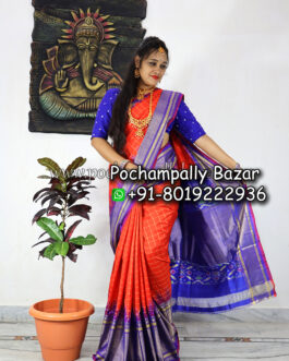 Orange With Blue Ikkat Silk (Pattu) Saree 032