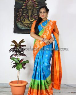 Sky Blue With Orange Border Ikkat Silk (Pattu) Saree 046