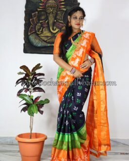 Navy BLue With Orange Border Ikkat Silk (Pattu) Saree 038