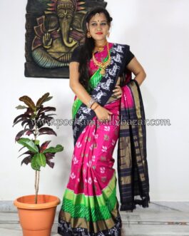 Pink With Navy Blue Border Ikkat Silk (Pattu) Saree 041