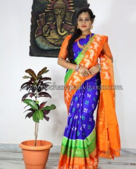 Blue With Orange Border Ikkat Silk (Pattu) Saree 042