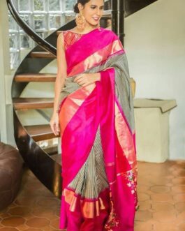 Black Checks With Pink Border Ikkat Silk (Pattu) Saree 052