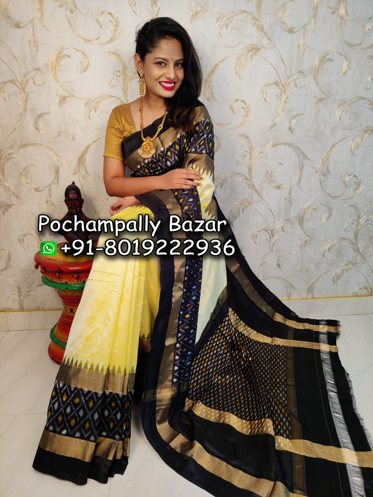 Buy Yellow Silk Saree Floral Black Border Online